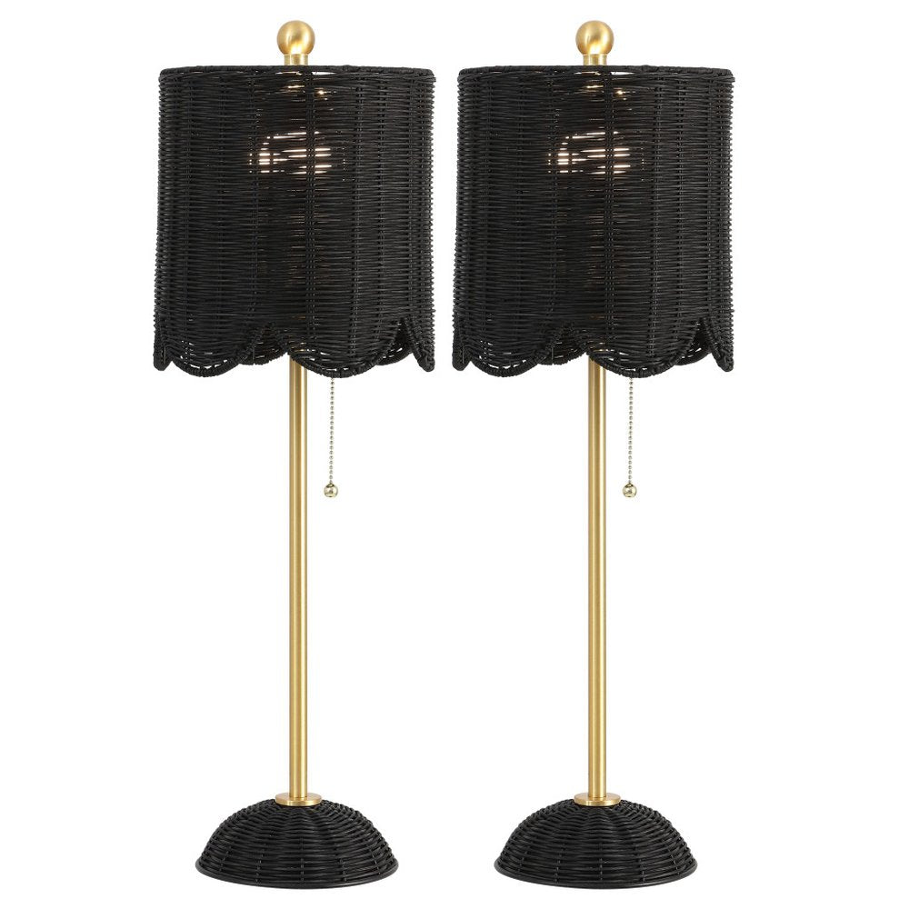 Set of Two 28" Black Table Lamps With Drum Shades on a white background