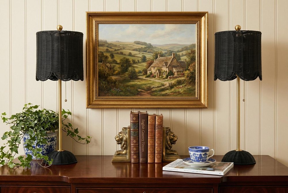 Set of Two 28" Black Table Lamps With Drum Shades in a home interior