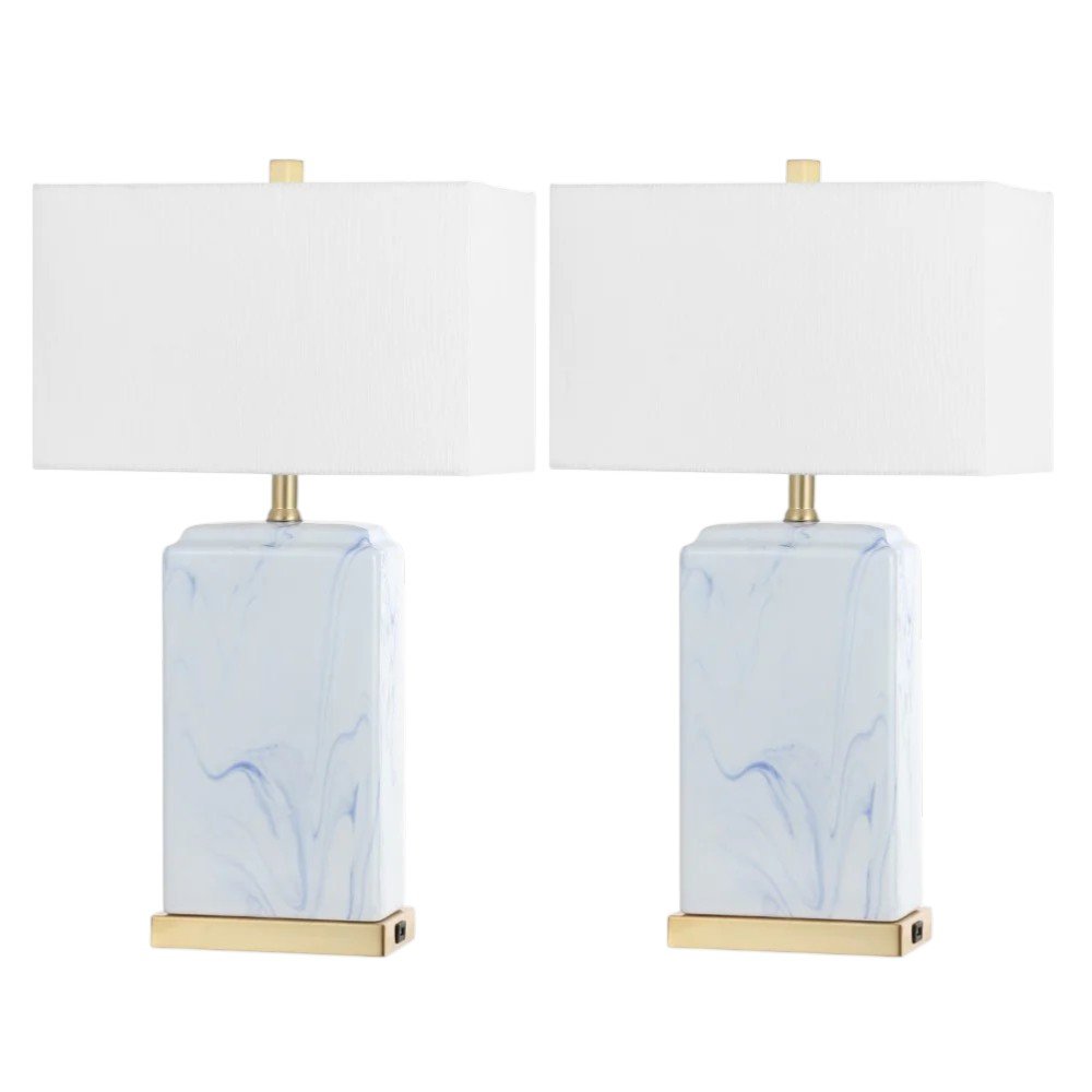 Set of Two 25" Gold Table Lamps With Shades on a white background