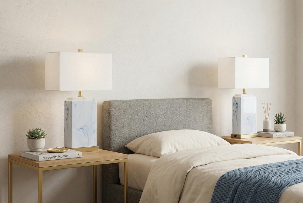 Set of Two 25" Gold Table Lamps With Shades in a home interior