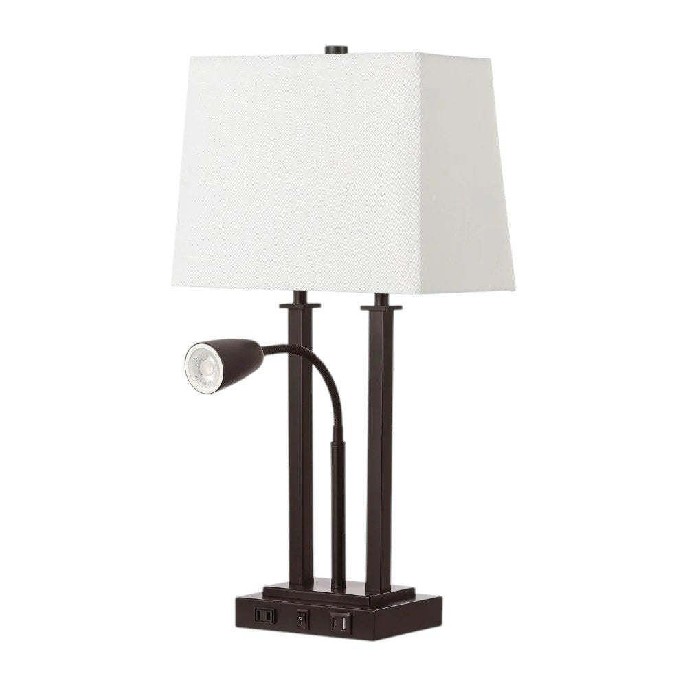 24" Antiqued Bronze Swing Arm Novelty Table Lamp With Shade. Table lamp isolated on a plain white background.