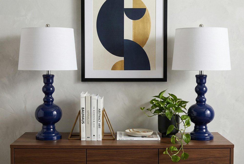 Set of Two 29" Blue Novelty Table Lamps With Drum Shades in a home interior