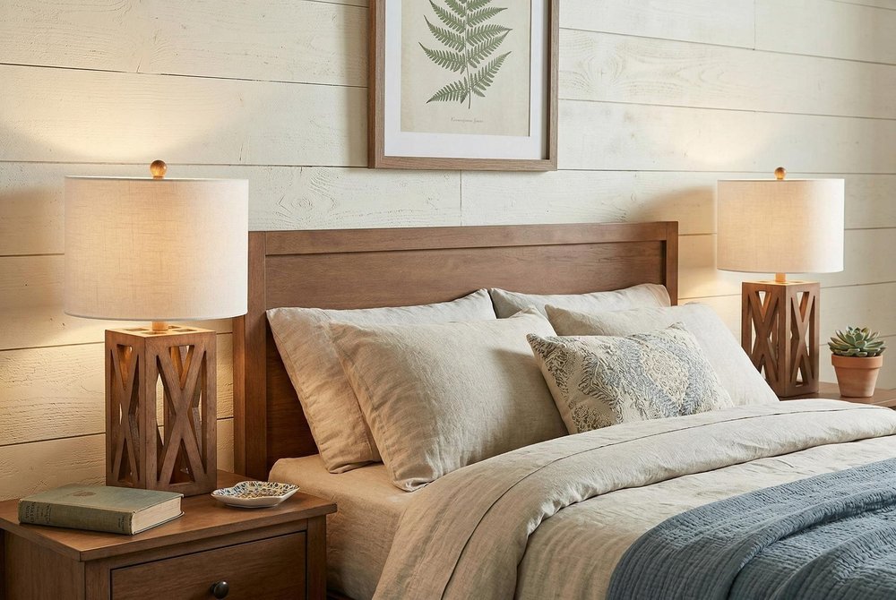 Set of Two 22" Brown Table Lamps With Drum Shades