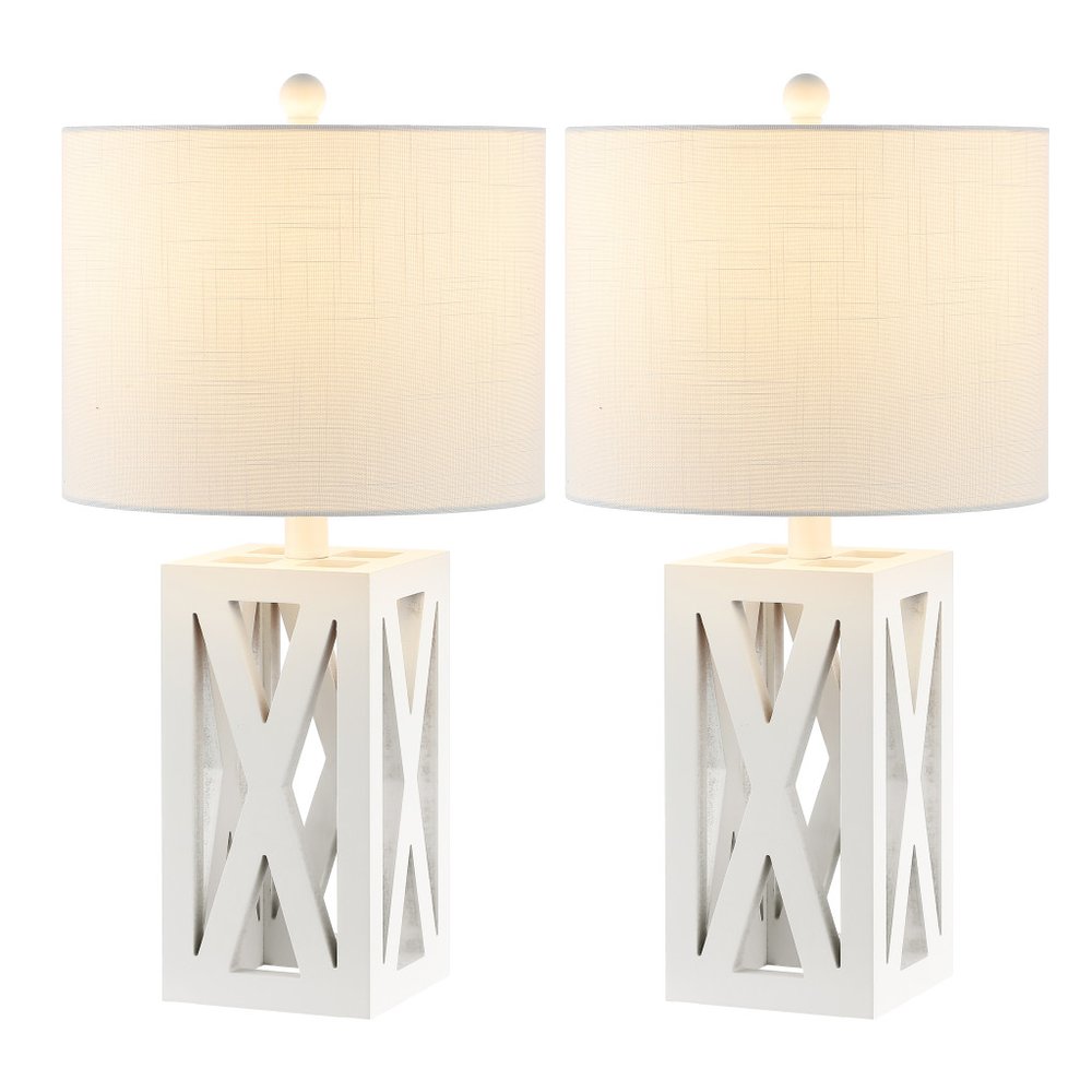 Set of Two 22" White Table Lamps With Drum Shades