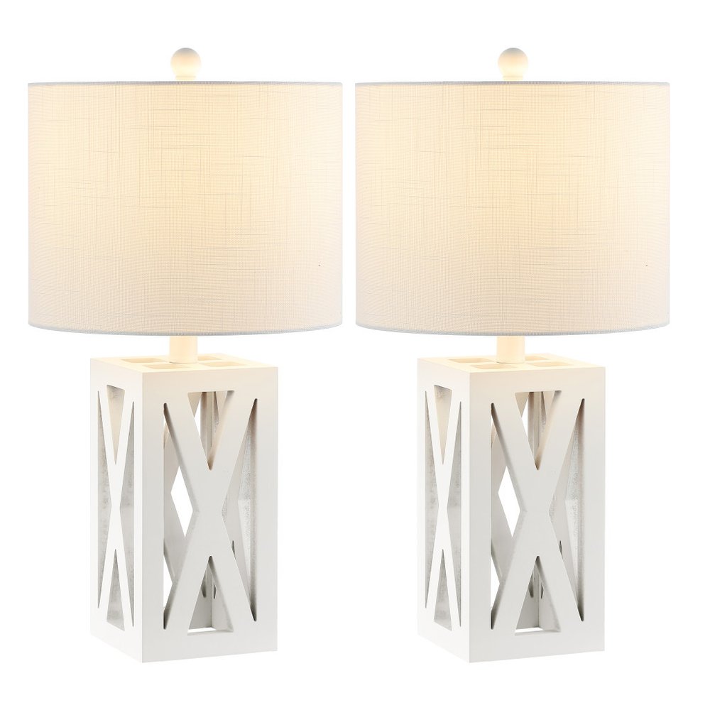 Set of Two 22" White Table Lamps With Drum Shades on a white background
