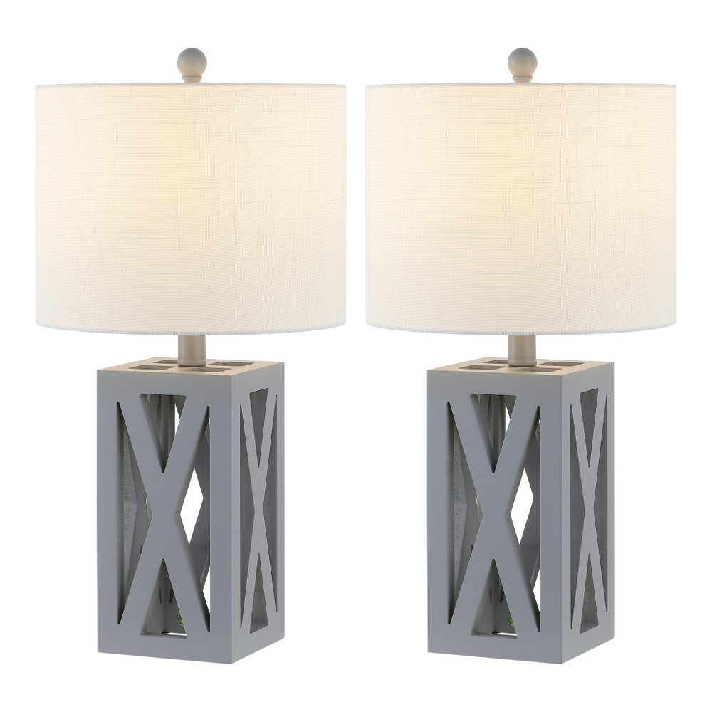 Set of Two 22" Gray Table Lamps With Drum Shades on a white background