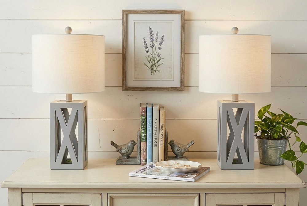 Set of Two 22" Gray Table Lamps With Drum Shades