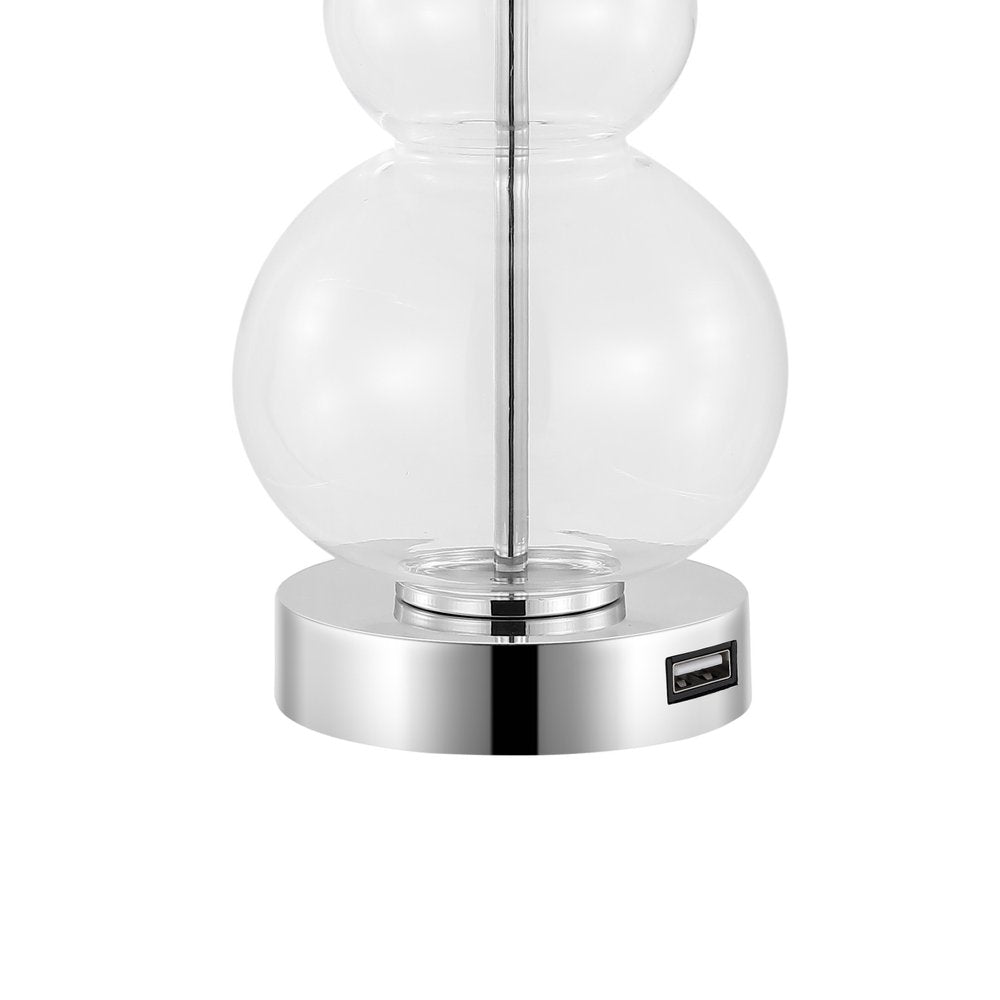 Set of Two 22" Clear And Silver Double Gourd USB Lamps With Drum Shades