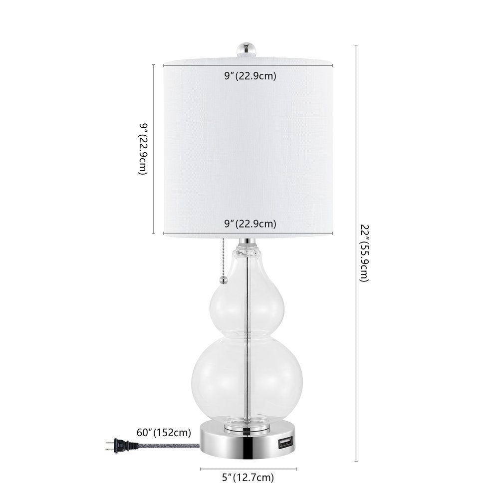 Set of Two 22" Clear And Silver Double Gourd USB Lamps With Drum Shades