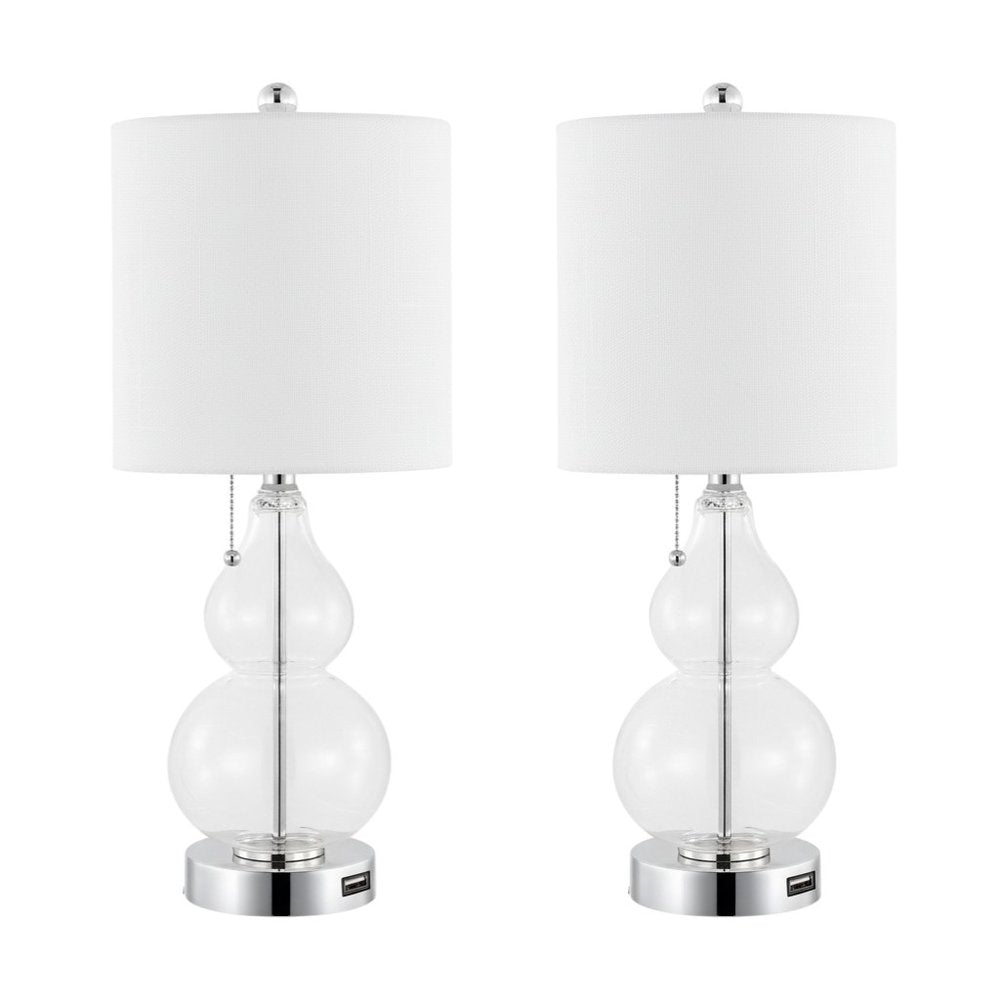 Set of Two 22" Clear And Silver Double Gourd USB Lamps With Drum Shades
