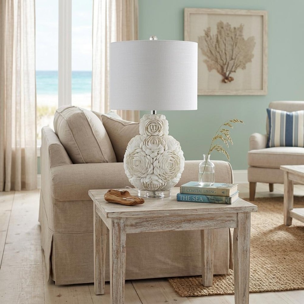 24" Off White Seashell Table Lamp With White Drum Shade. Table lamp isolated on a plain white background, in a off-white finish.