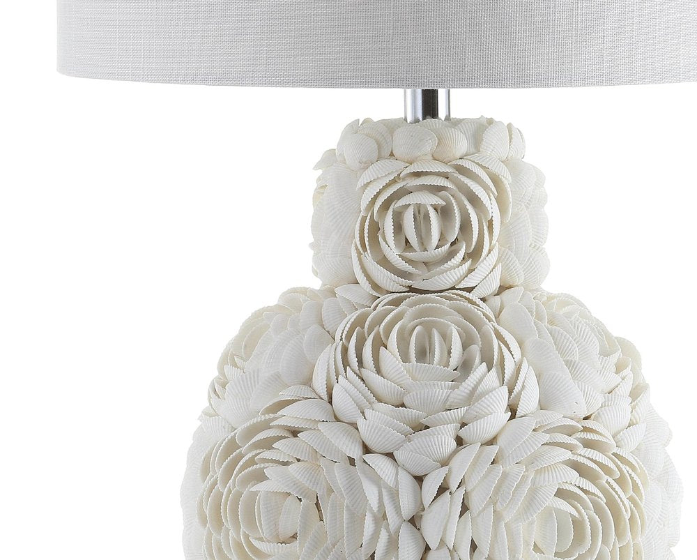 24" Off White Seashell Table Lamp With White Drum Shade. Table lamp isolated on a plain white background, in a off-white finish.