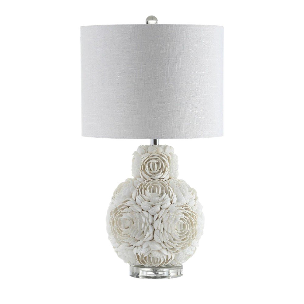 24" Off White Seashell Table Lamp With White Drum Shade. Table lamp isolated on a plain white background, showing its off-white color.
