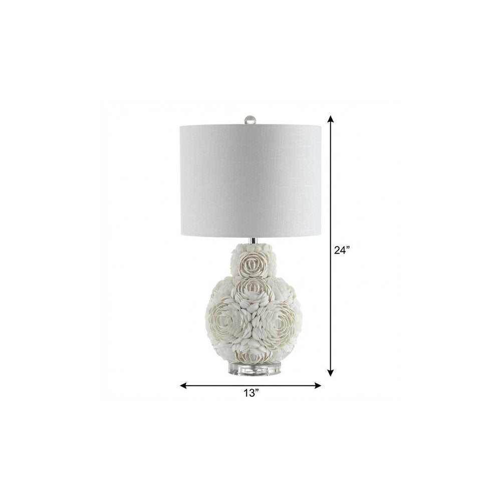 24" Off White Seashell Table Lamp With White Drum Shade. Table lamp isolated on a plain white background, in a off-white finish.