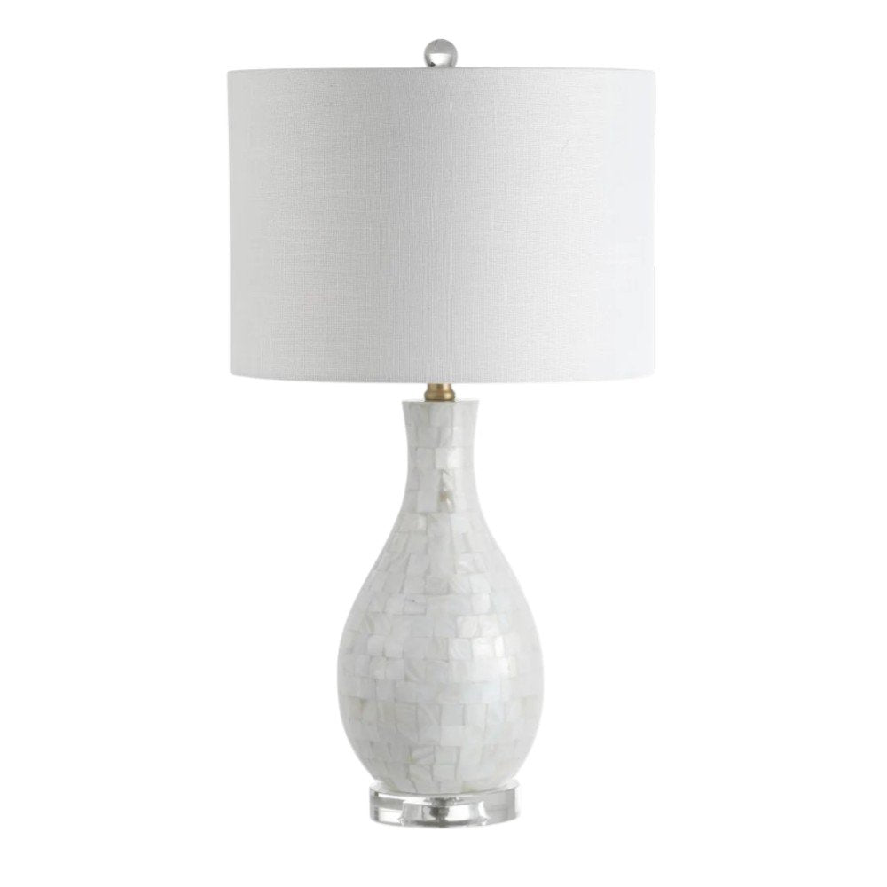 27" Clear Novelty Table Lamp With Drum Shade. Table lamp isolated on a plain white background, finished in clear.
