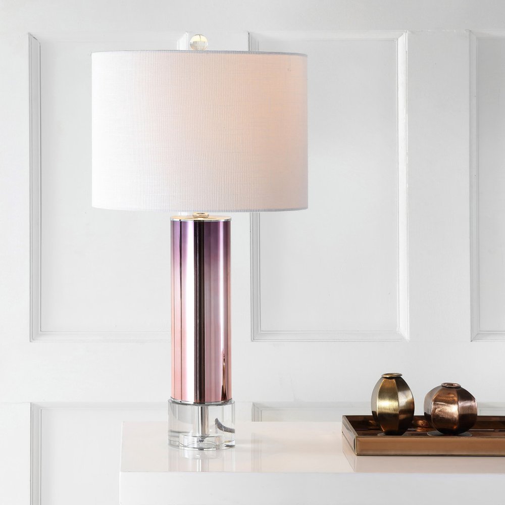 27" Clear Novelty Table Lamp With Drum Shade. Table lamp isolated on a plain white background, showing its clear color.