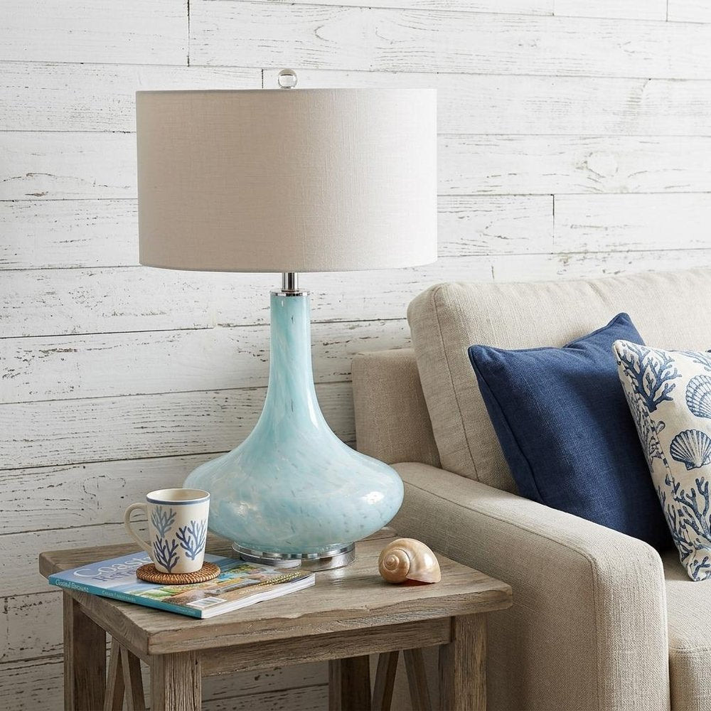 29" Light Blue And Clear Teardrop Glass Table Lamp With Drum Shade. Table lamp in clear glass.