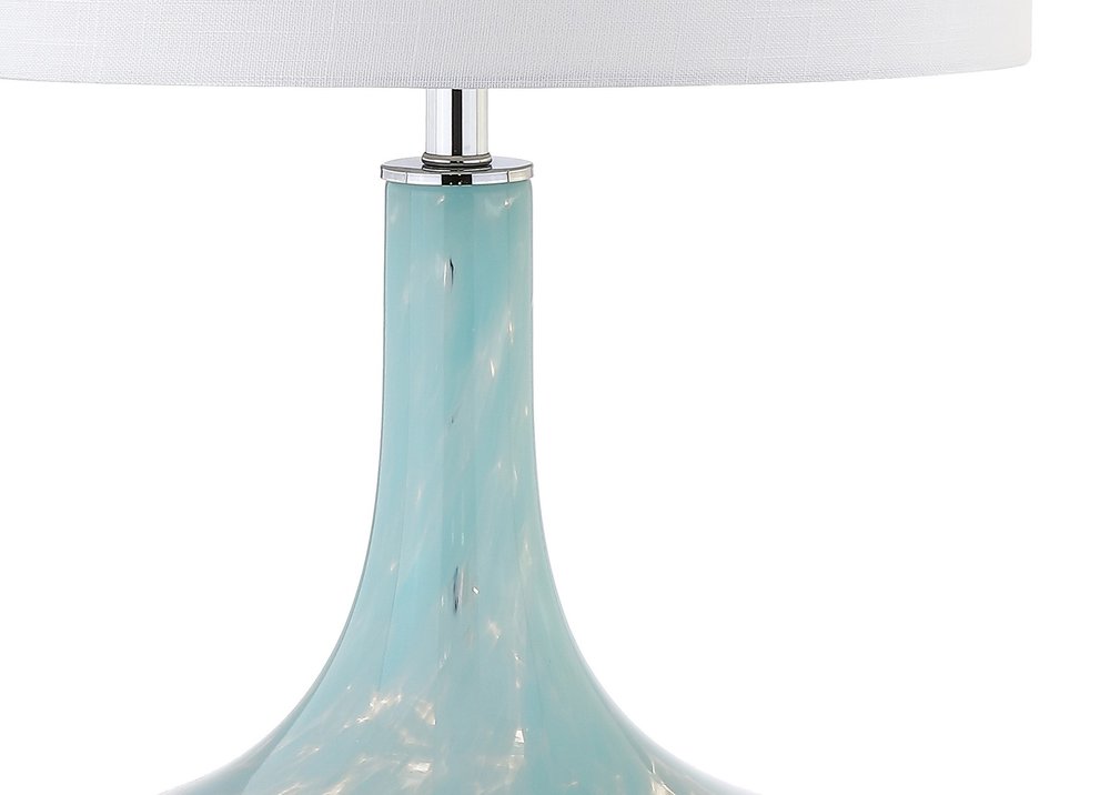 29" Light Blue And Clear Teardrop Glass Table Lamp With Drum Shade. Table lamp isolated on a plain white background, in a blue glass finish.