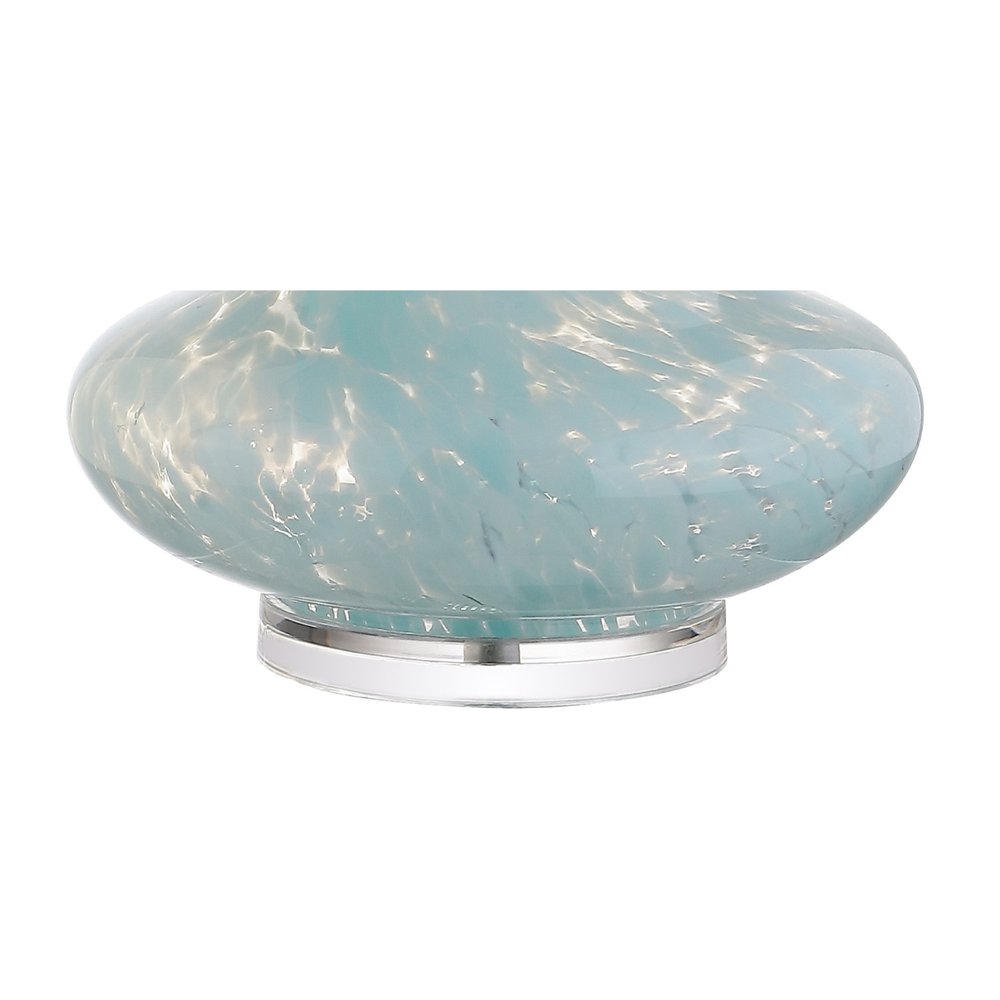 29" Light Blue And Clear Teardrop Glass Table Lamp With Drum Shade. Table lamp isolated on a plain white background, showing a blue glass surface.