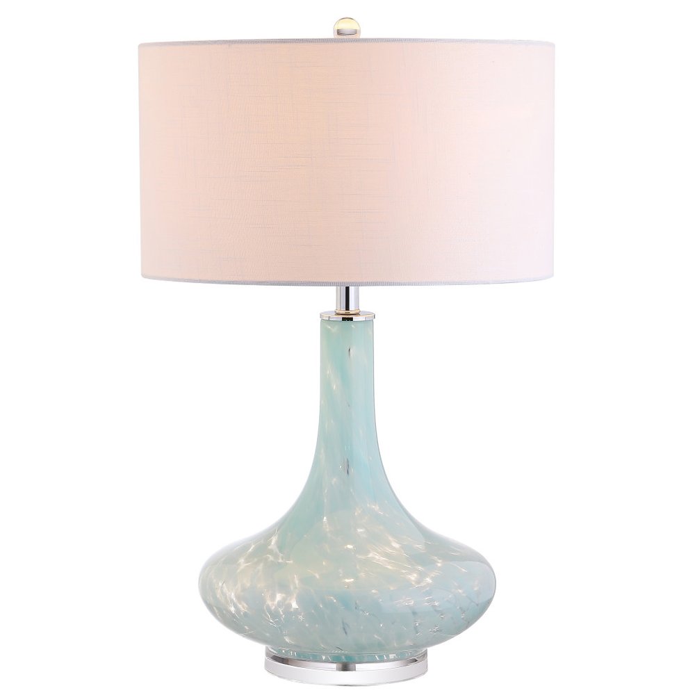 29" Light Blue And Clear Teardrop Glass Table Lamp With Drum Shade. Table lamp isolated on a plain white background, finished in clear glass.