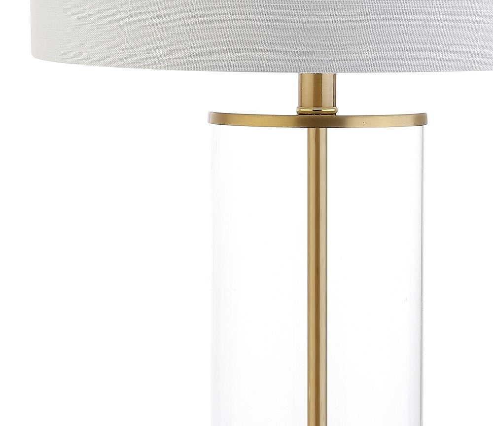 29" Gold Table Lamp With Drum Shade. Table lamp isolated on a plain white background, showing its gold color.