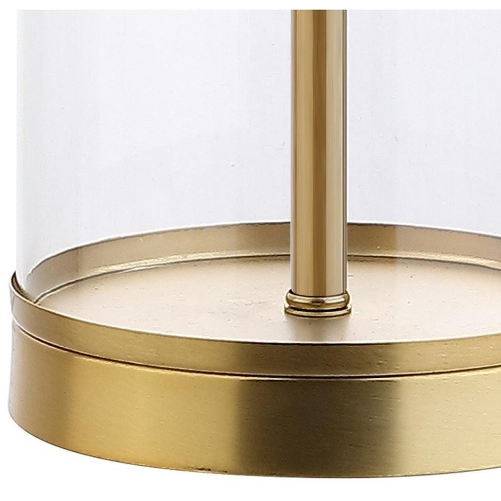 29" Gold Table Lamp With Drum Shade. Table lamp isolated on a plain white background, showing its gold color.