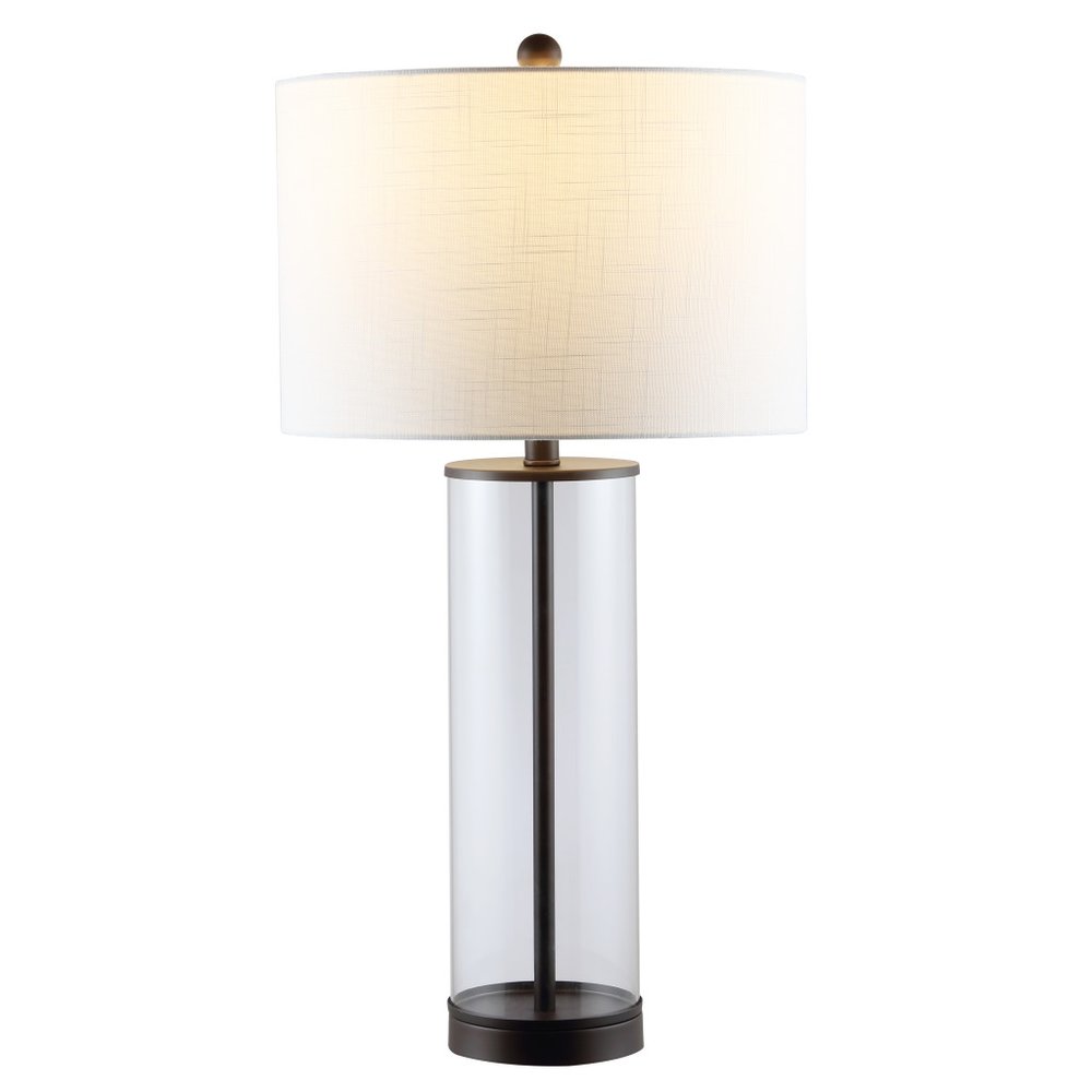 29" Antiqued Bronze Table Lamp With Drum Shade. Table lamp isolated on a plain white background.