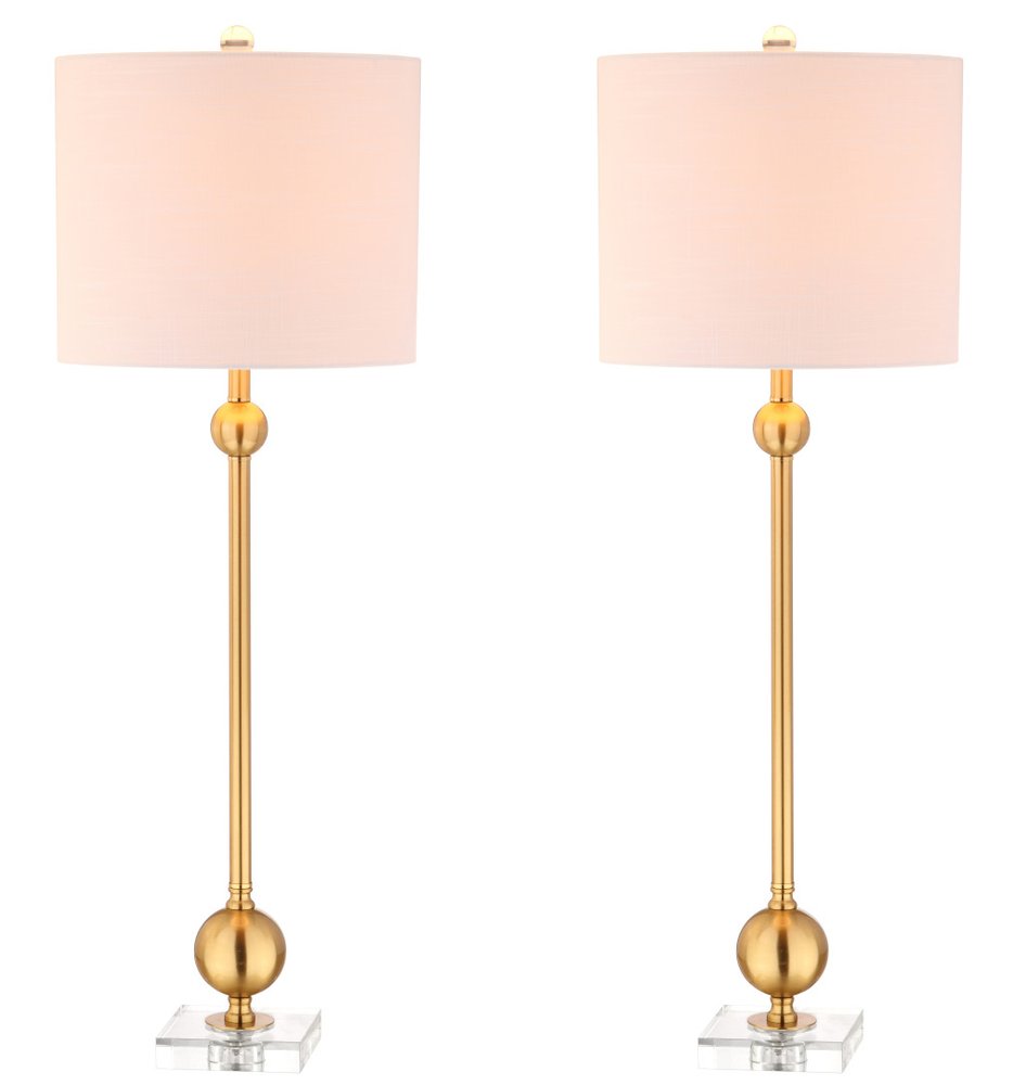 Set of Two 35" Clear And Brass Table Lamps With Drum Shades on a white background