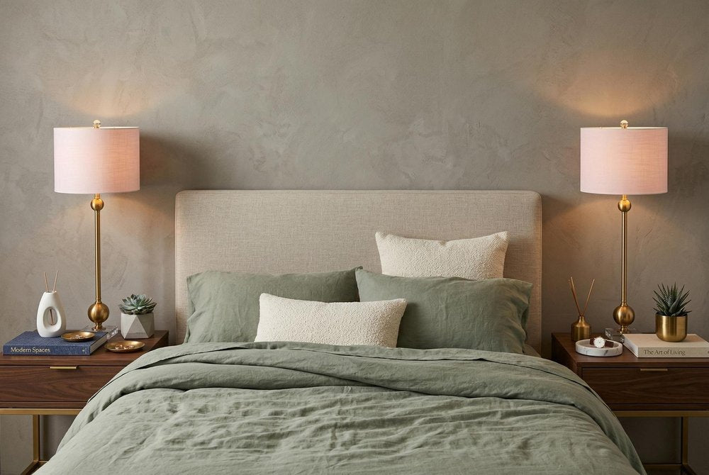 Set of Two 35" Clear And Brass Table Lamps With Drum Shades in a home interior