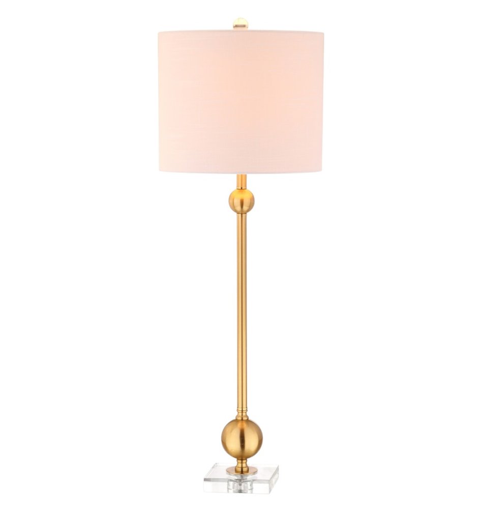 Set of Two 35" Clear And Brass Table Lamps With Drum Shades on a white background