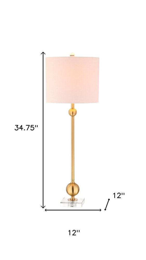Set of Two 35" Clear And Brass Table Lamps With Drum Shades on a white background