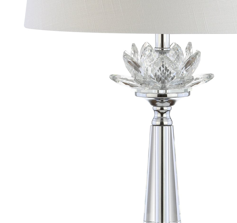25" Clear Novelty Table Lamp With Drum Shade. Table lamp isolated on a plain white background, showing its clear color.