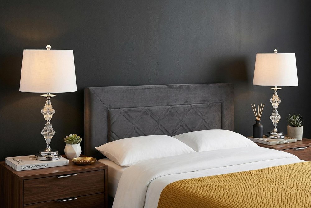 Set of Two 28" Silver Novelty Bedside Lamps With Drum Shades