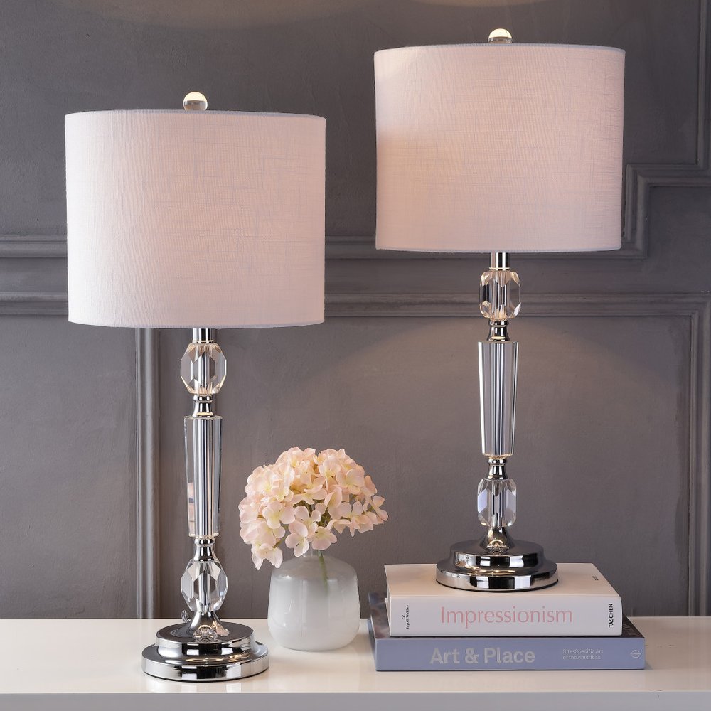 Set of Two 27" Clear And Silver Bedside Lamps With Drum Shades