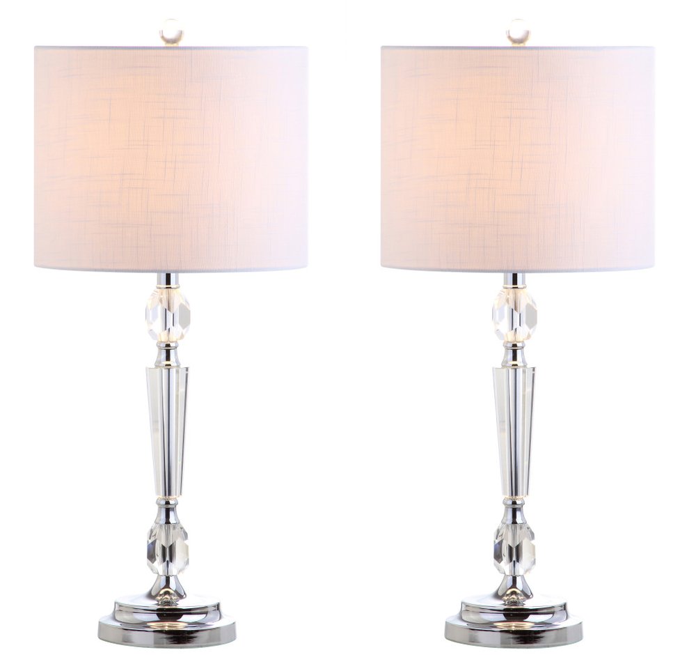 Set of Two 27" Clear And Silver Bedside Lamps With Drum Shades