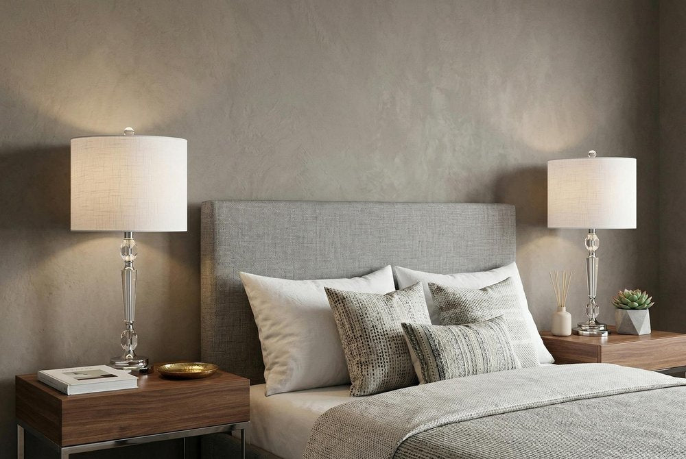 Set of Two 27" Clear And Silver Bedside Lamps With Drum Shades