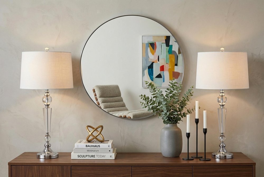 Set of Two 31" Clear And Silver Table Lamps With Drum Shades in a home interior