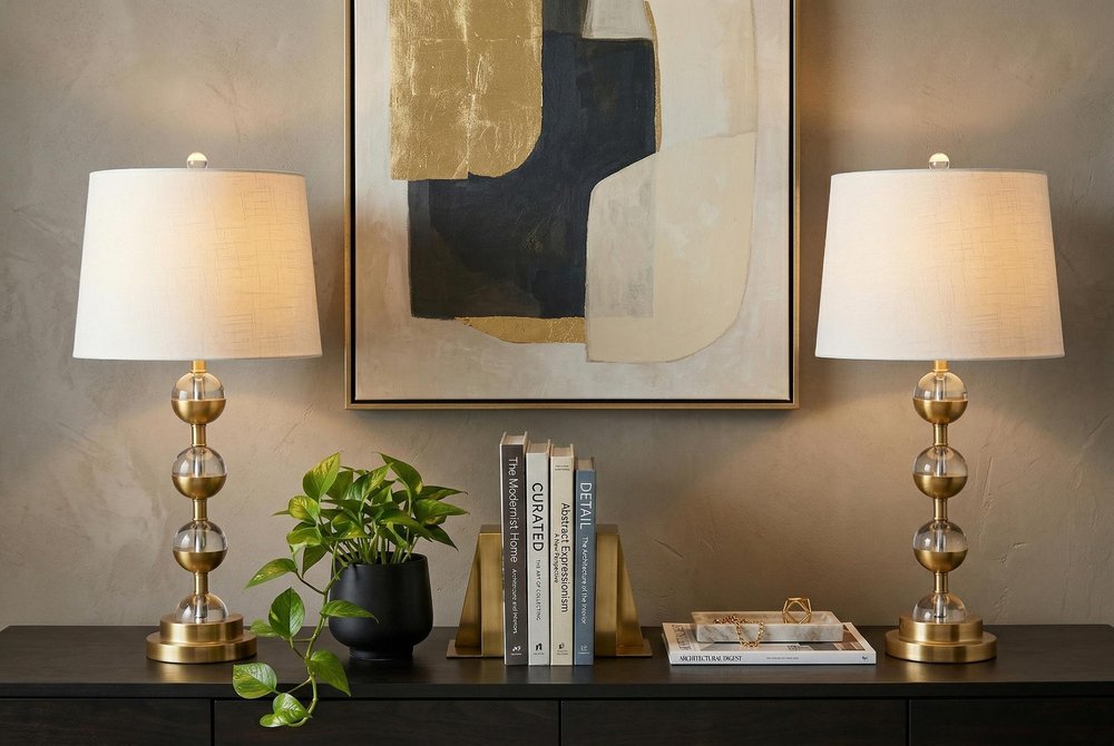 Set of Two 28" Gold Round Bedside Lamps With Drum Shades