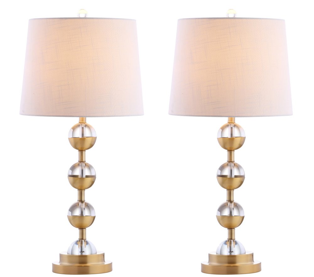 Set of Two 28" Gold Round Bedside Lamps With Drum Shades on a white background