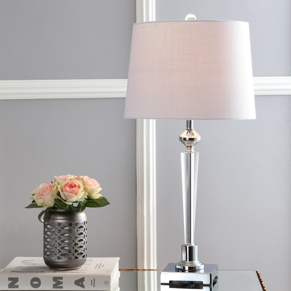 28" Silver Table Lamp With Drum Shade. Table lamp isolated on a plain white background, showing its silver color.