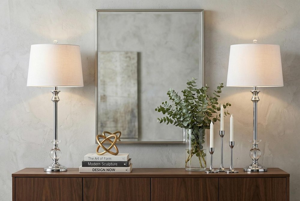 Set of Two 33" Silver Table Lamps With Drum Shades in a home interior