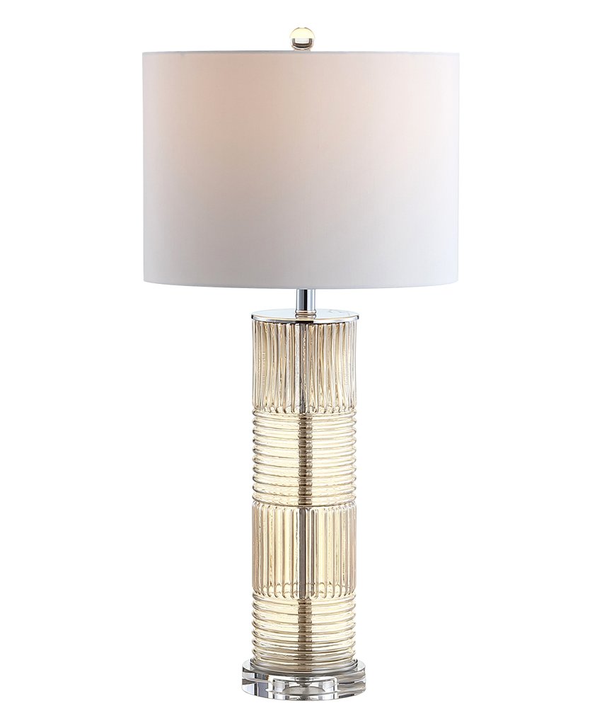 30" Clear Table Lamp With Drum Shade. Table lamp isolated on a plain white background, showing its clear color.