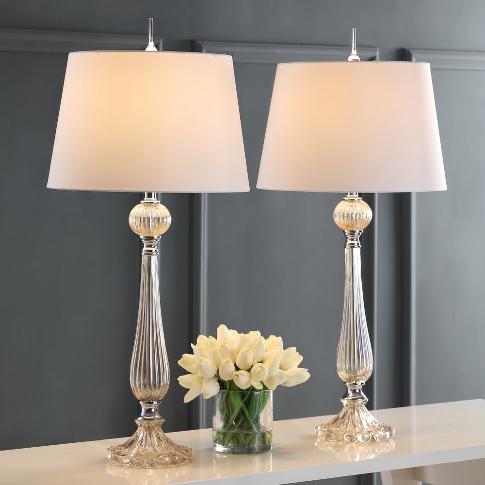 Set of Two 33" Champagne Novelty Table Lamps With Globe Shades in a home interior