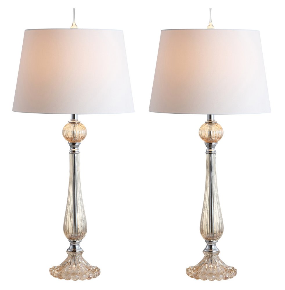 Set of Two 33" Champagne Novelty Table Lamps With Globe Shades on a white background