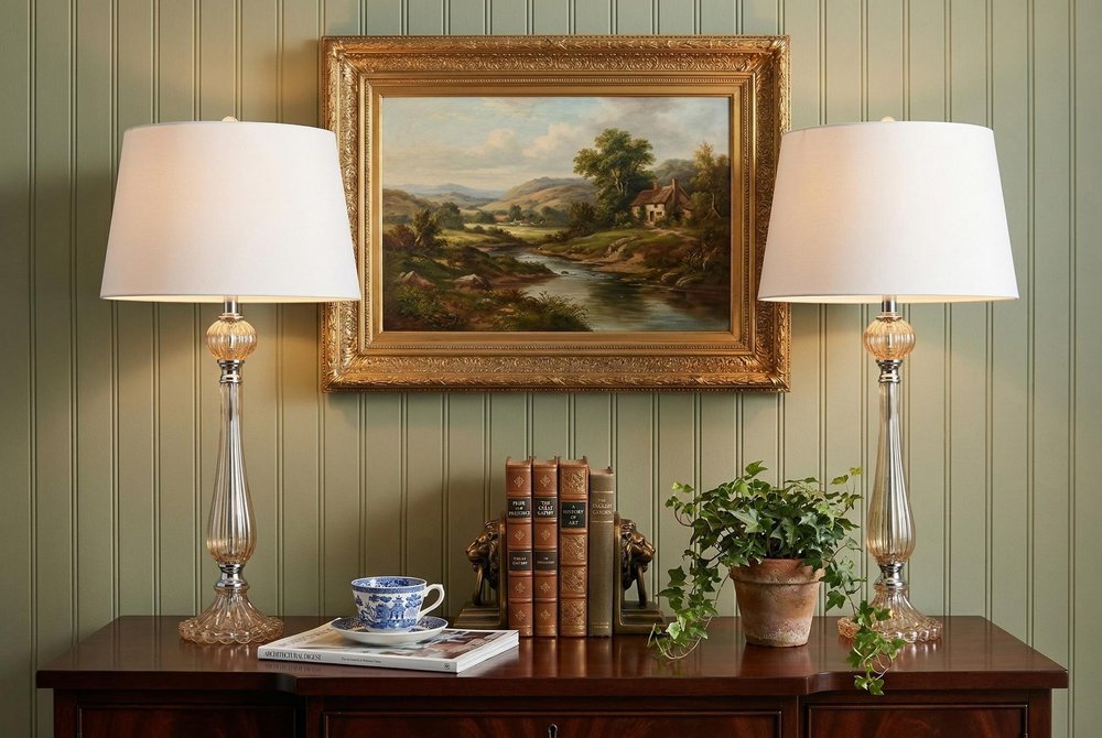 Set of Two 33" Champagne Novelty Table Lamps With Globe Shades in a home interior
