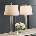 Set of Two 32" Champagne Urn Buffet Lamps With Globe Shades in a home interior
