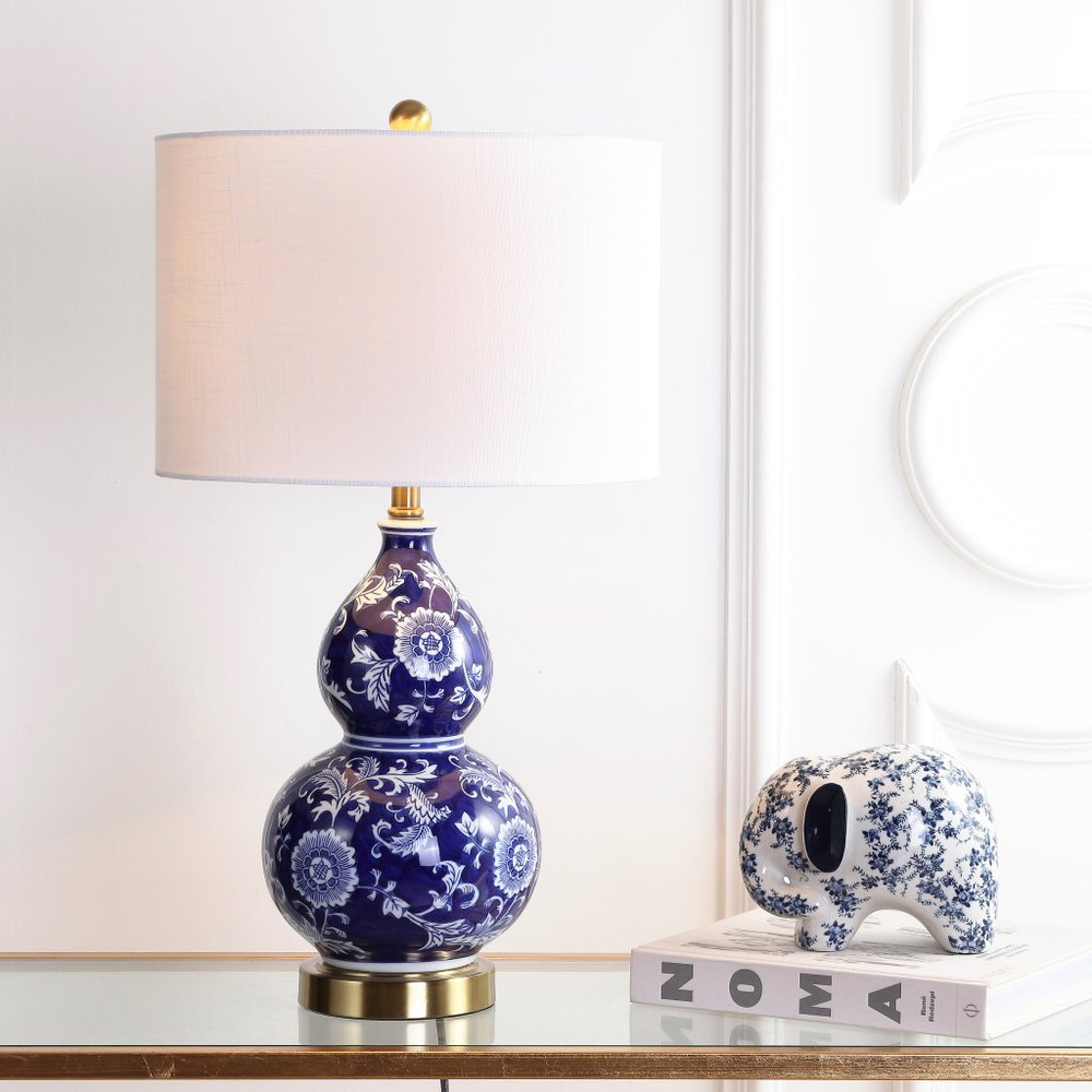 27" Blue Gold And White Novelty Table Lamp With Drum Shade. Table lamp in white.