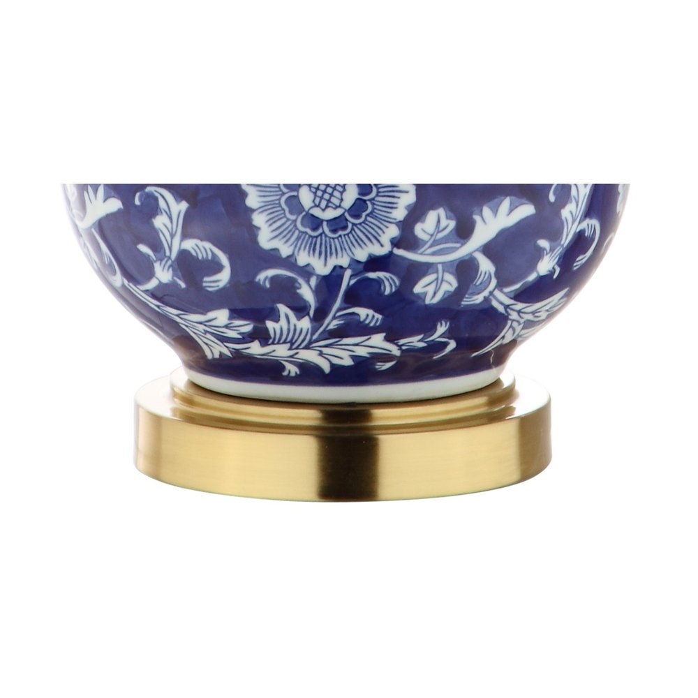 27" Blue Gold And White Novelty Table Lamp With Drum Shade. Table lamp isolated on a plain white background, in a white finish.