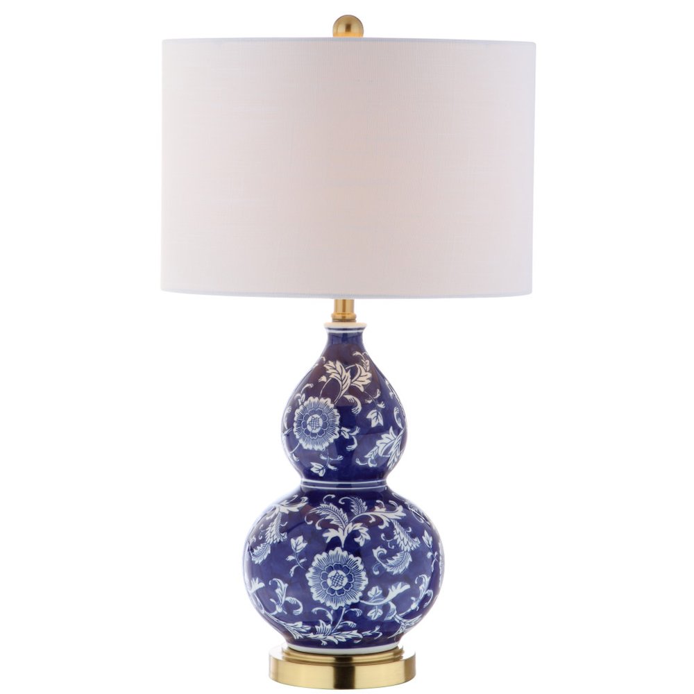 27" Blue Gold And White Novelty Table Lamp With Drum Shade. Table lamp isolated on a plain white background, finished in white.