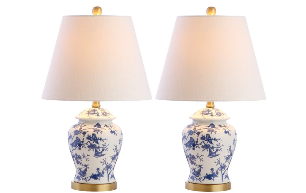 Set of Two 22" White Blue And Gold Urn Table Lamps With Empire Shades